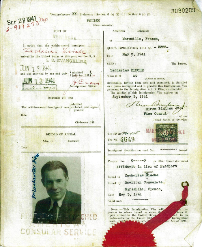 VISA ISSUED TO SCIENTIST ZACHARIAS DISCHE on MAY 3, 1941